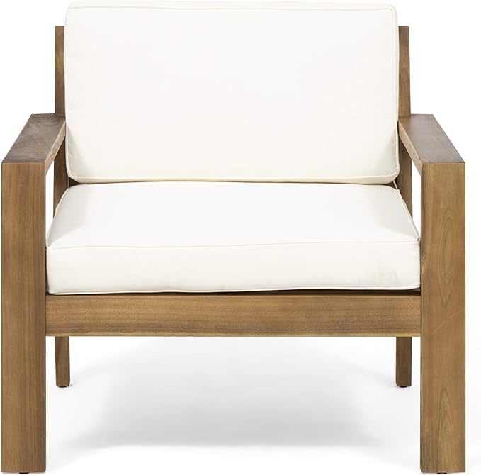 Outdoor Acacia Wood Club Chair with Cushions by HouseOfZazla, white cushions on Tampa Home & Garden Store
