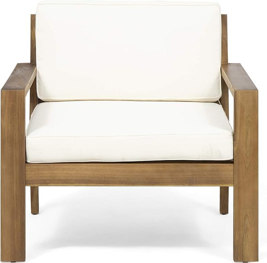 Outdoor Acacia Wood Club Chair with Cushions by HouseOfZazla, white cushions on Tampa Home & Garden Store