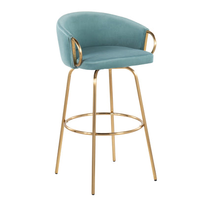 Claire Contemporary Fixed Height Bar Stool teal velvet with gold metal round footrest on Tampa Home & Garden Store