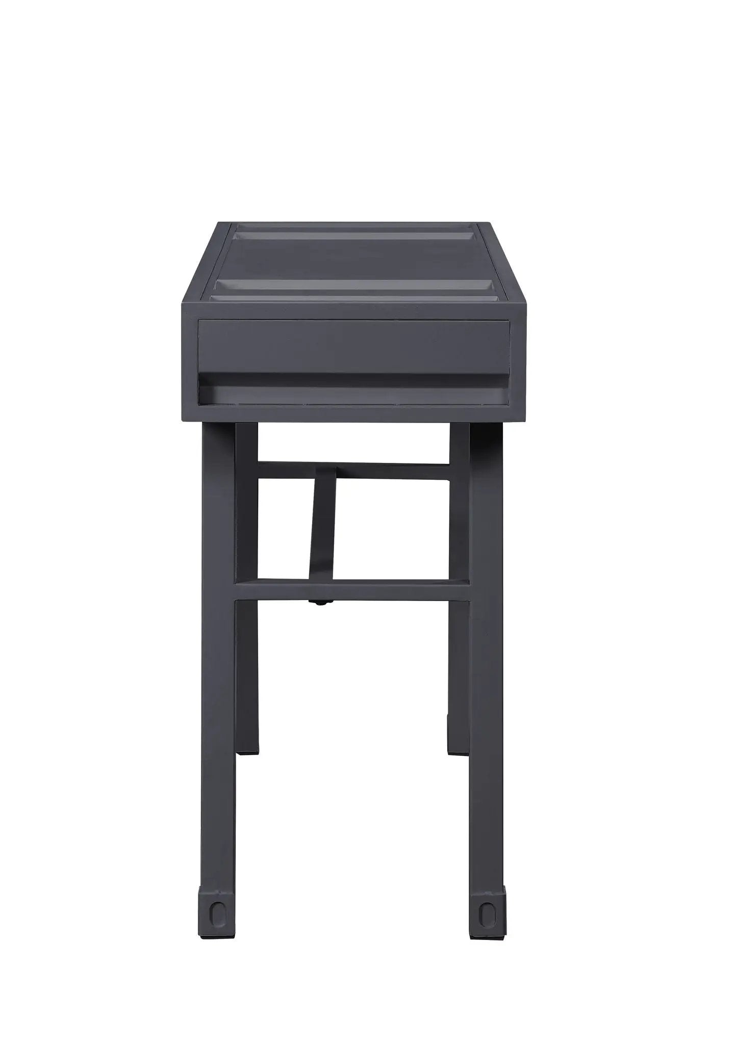 Cargo vanity desk with functional storage in dark gray metal finish, glass top and front drawer on Tampa Home & Garden Store