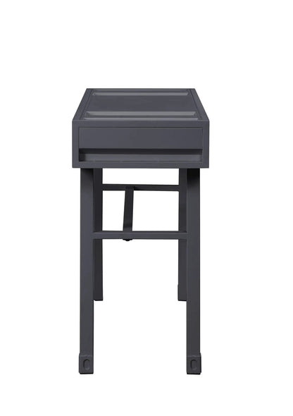 Cargo vanity desk with functional storage in dark gray metal finish, glass top and front drawer on Tampa Home & Garden Store