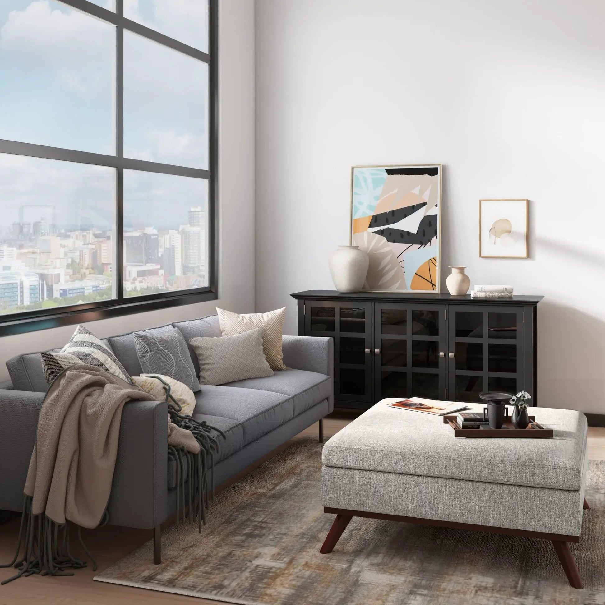 Owen multifunctional square coffee table storage ottoman in gray fabric with wood legs on Tampa Home & Garden Store