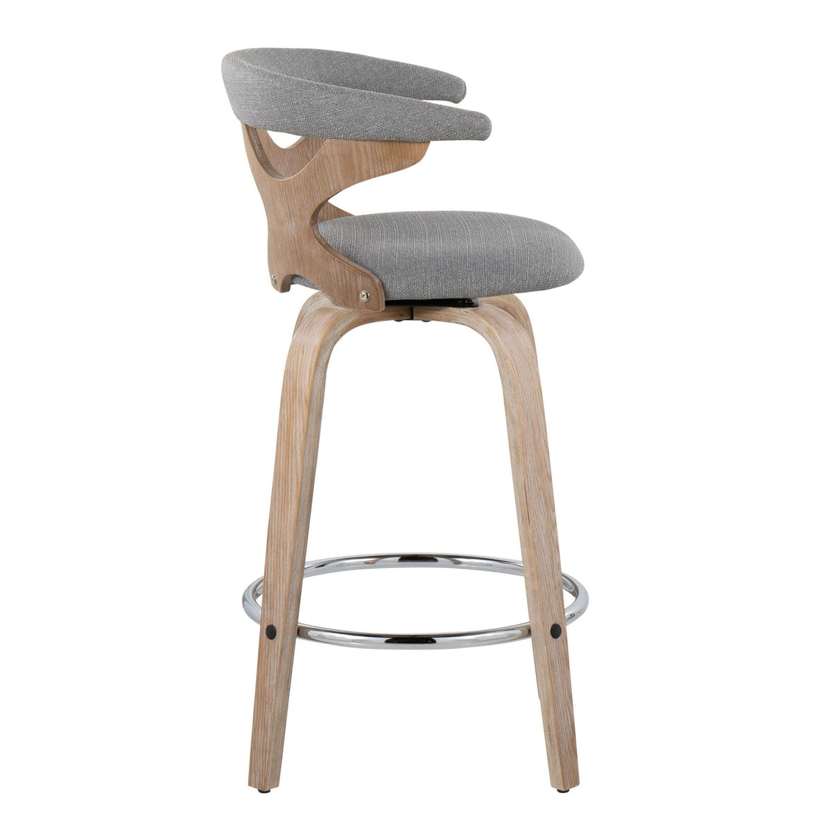 Mid Century Modern Swivel Counter Stool Set, gray upholstered seat with natural wood frame on Tampa Home & Garden Store