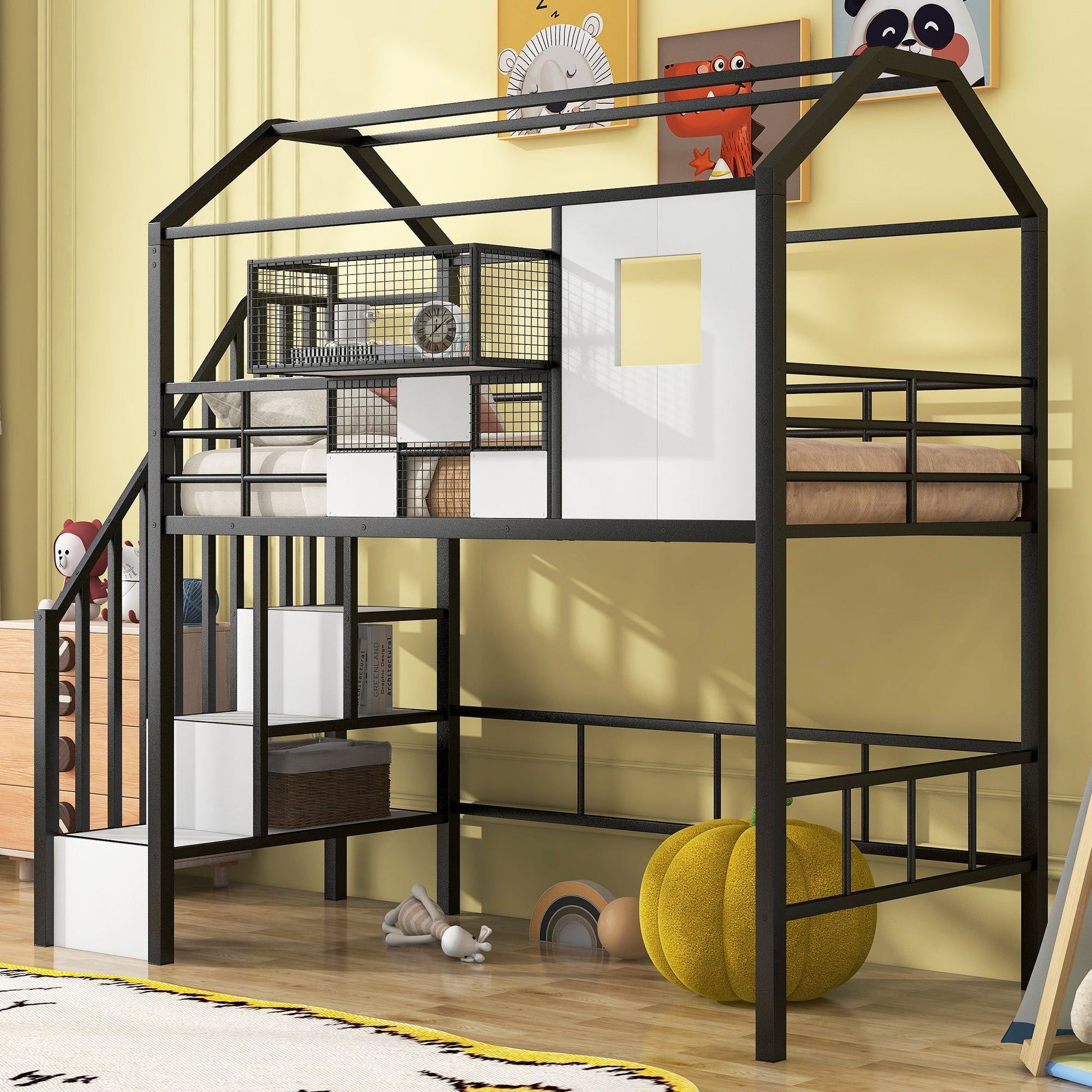Metal loft bed frame with roof design, guardrails, integrated ladder and built-in storage in black on Tampa Home & Garden Store