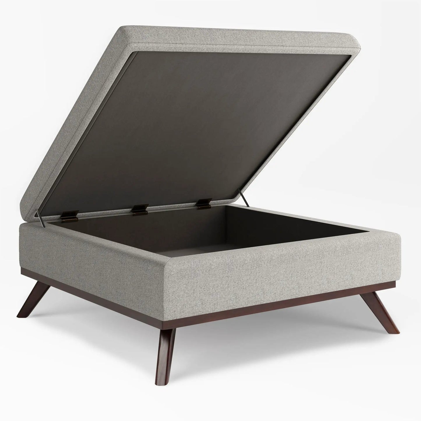 Owen multifunctional storage ottoman coffee table in grey fabric with dark interior and angled legs on Tampa Home & Garden Store