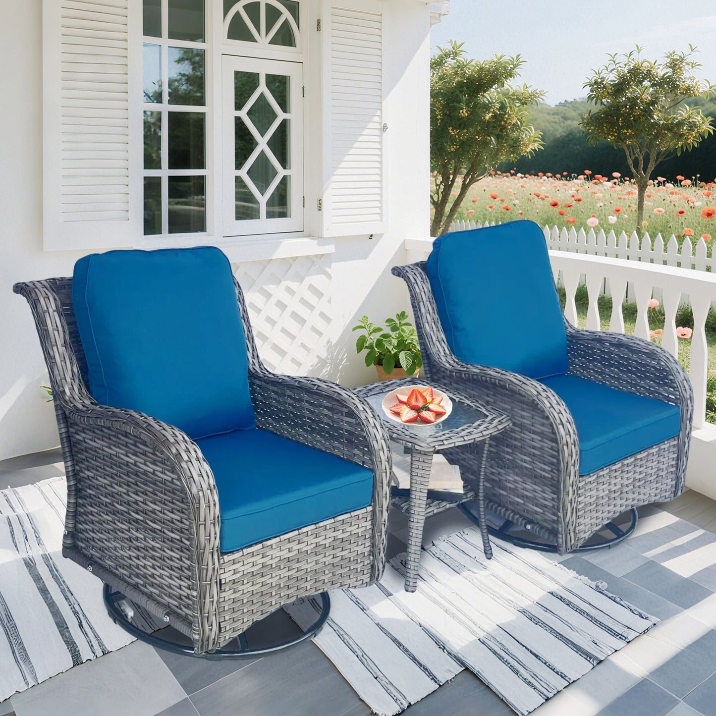 Wicker outdoor set 3-piece with blue cushions; 2 swivel chairs and table by HouseOfZazla on Tampa Home & Garden Store