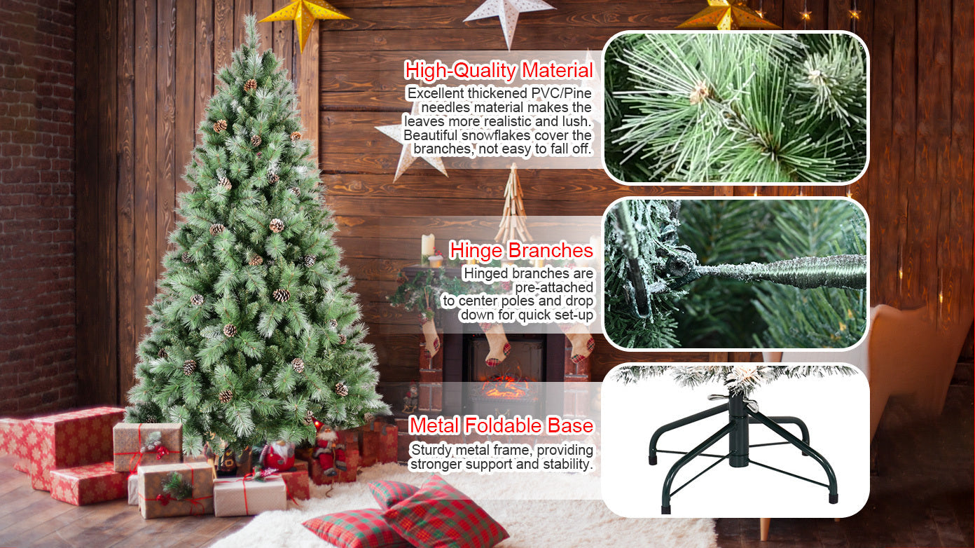 8 ft Pre-Decorated Pinecone Christmas Tree by HouseOfZazla; hinged branches, metal base on Tampa Home & Garden Store