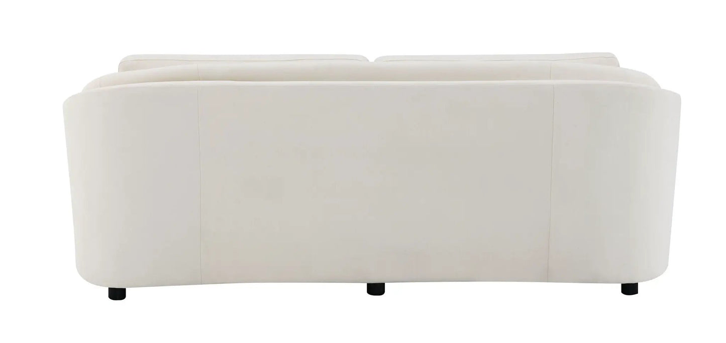 Mariko linen sofa back view in beige with 2 toss pillows and short legs on Tampa Home & Garden Store