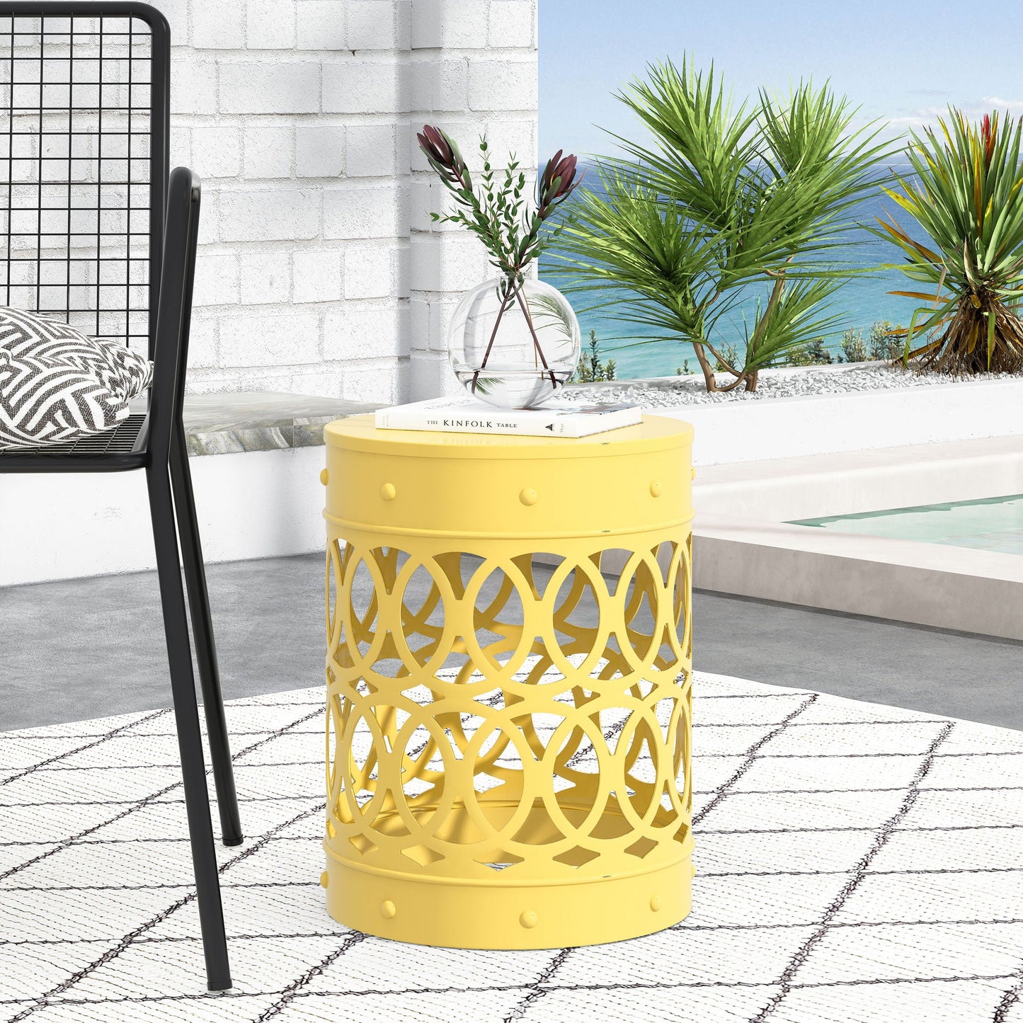 Large Outdoor Metal End Table with Floral Cut