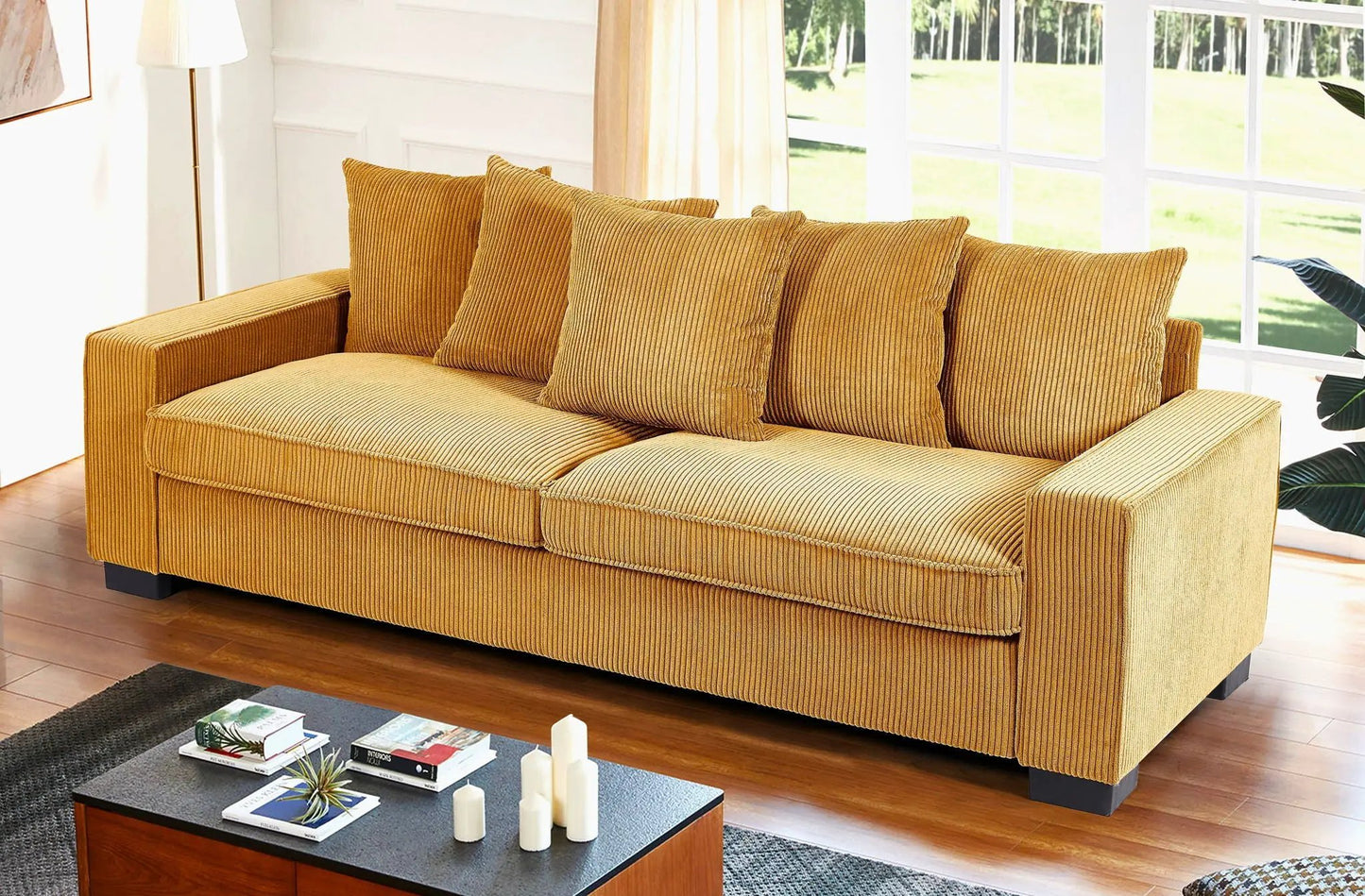 Luxe 3-seater sofa in mustard corduroy with 5 matching pillows, stationary design on Tampa Home & Garden Store