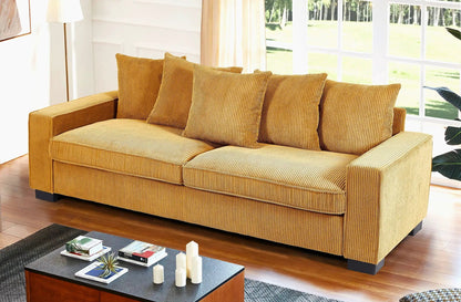 Luxe 3-seater sofa in mustard corduroy with 5 matching pillows, stationary design on Tampa Home & Garden Store