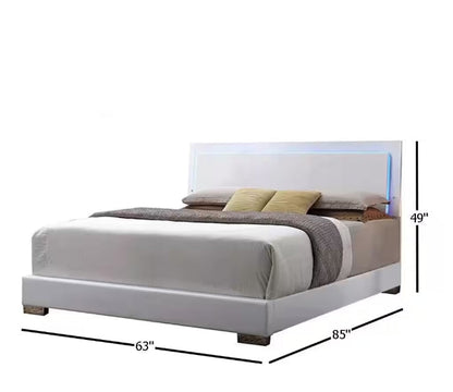 Lorimar White Faux Leather Panel Bed by HouseOfZazla, headboard with LED accent platform on Tampa Home & Garden Store