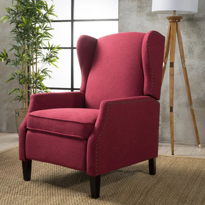 Westeros Wing Back Fabric Upholstered Recliner red fabric with nailhead trim and dark wood legs on Tampa Home & Garden Store