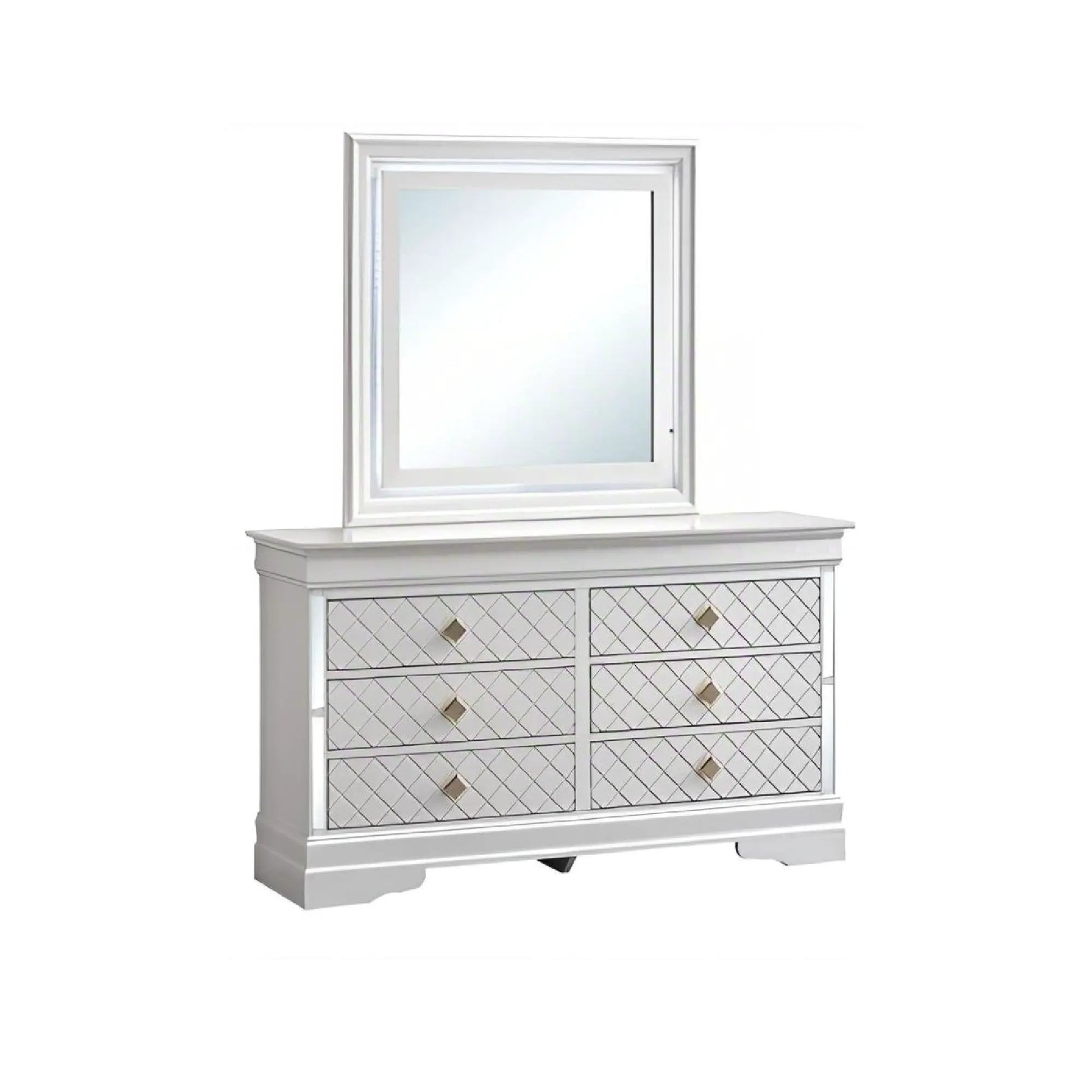 Verona Dresser by Unique Piece Furniture, white finish with mirrored diamond-front drawers on Tampa Home & Garden Store