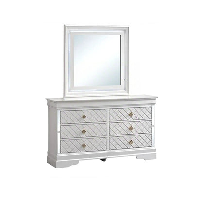 Verona Dresser by Unique Piece Furniture, white finish with mirrored diamond-front drawers on Tampa Home & Garden Store