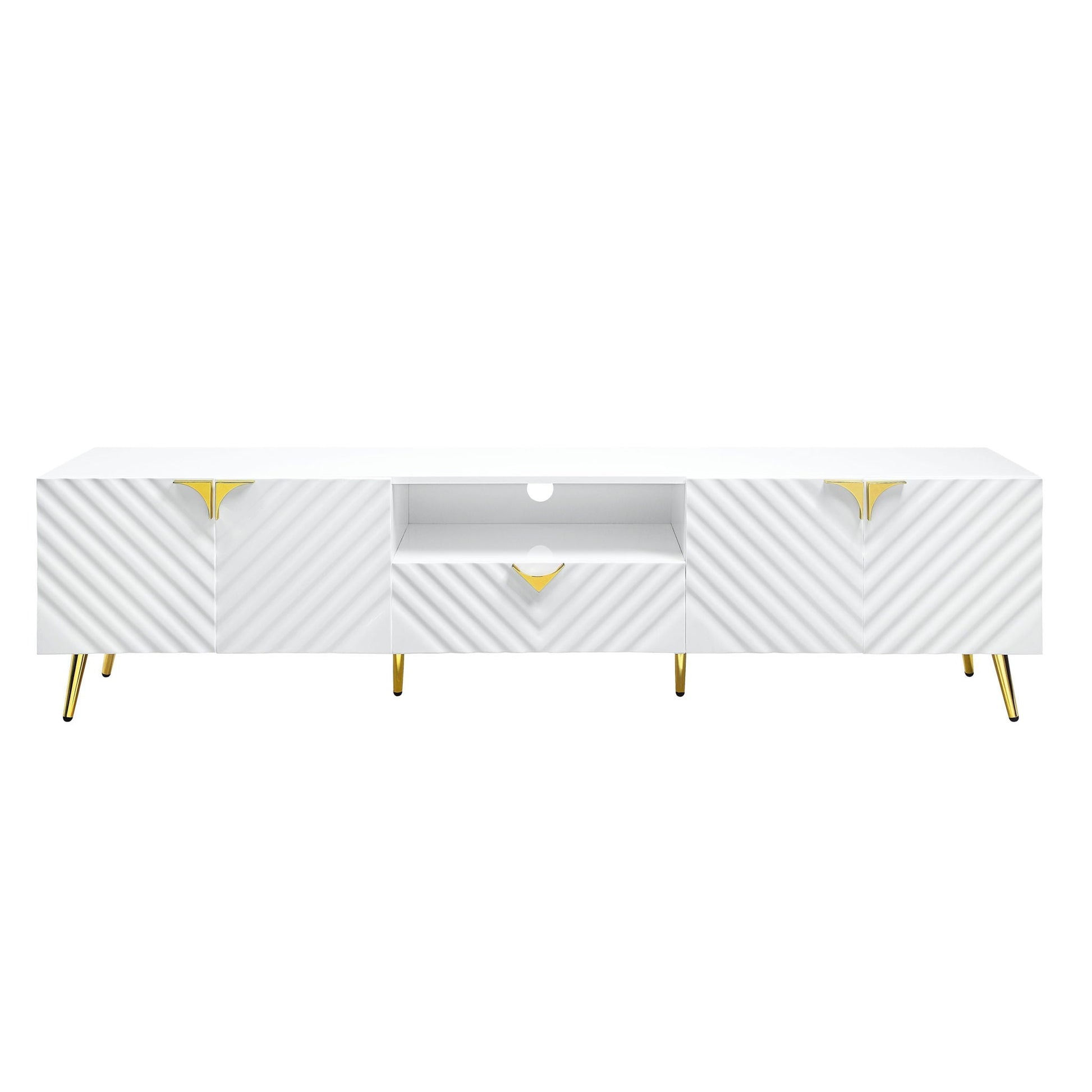 Gaines high-gloss white TV stand with chevron-textured panels and gold metal legs on Tampa Home & Garden Store