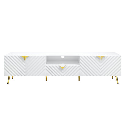 Gaines high-gloss white TV stand with chevron-textured panels and gold metal legs on Tampa Home & Garden Store