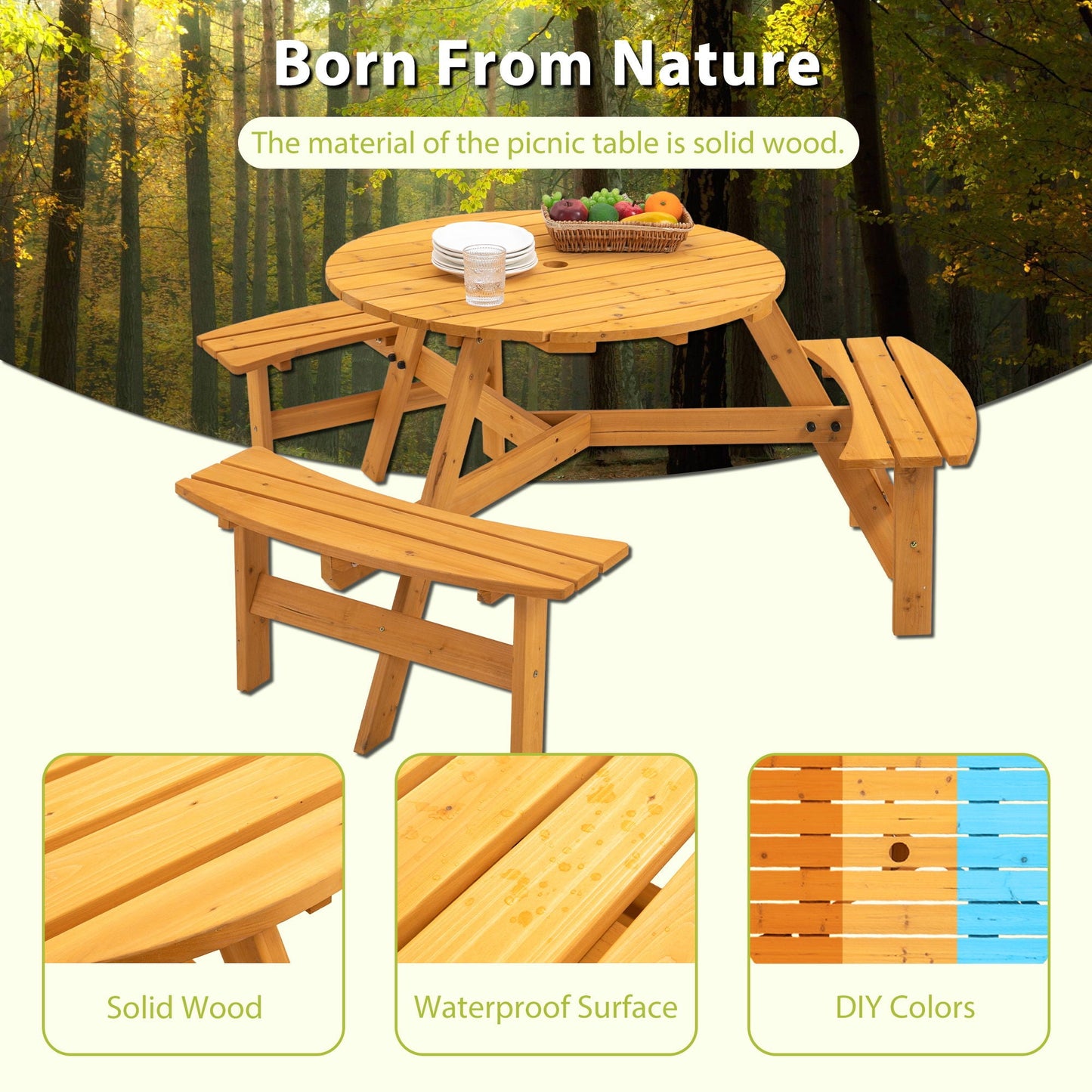 Six Person Outdoor Wooden Picnic Table for Patio