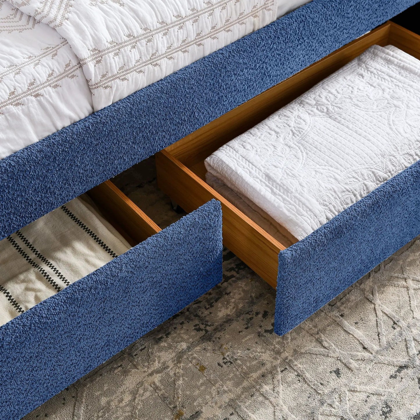 Upholstered daybed with 2 drawers, blue fabric, wood frame by Unique Piece Furniture on Tampa Home & Garden Store