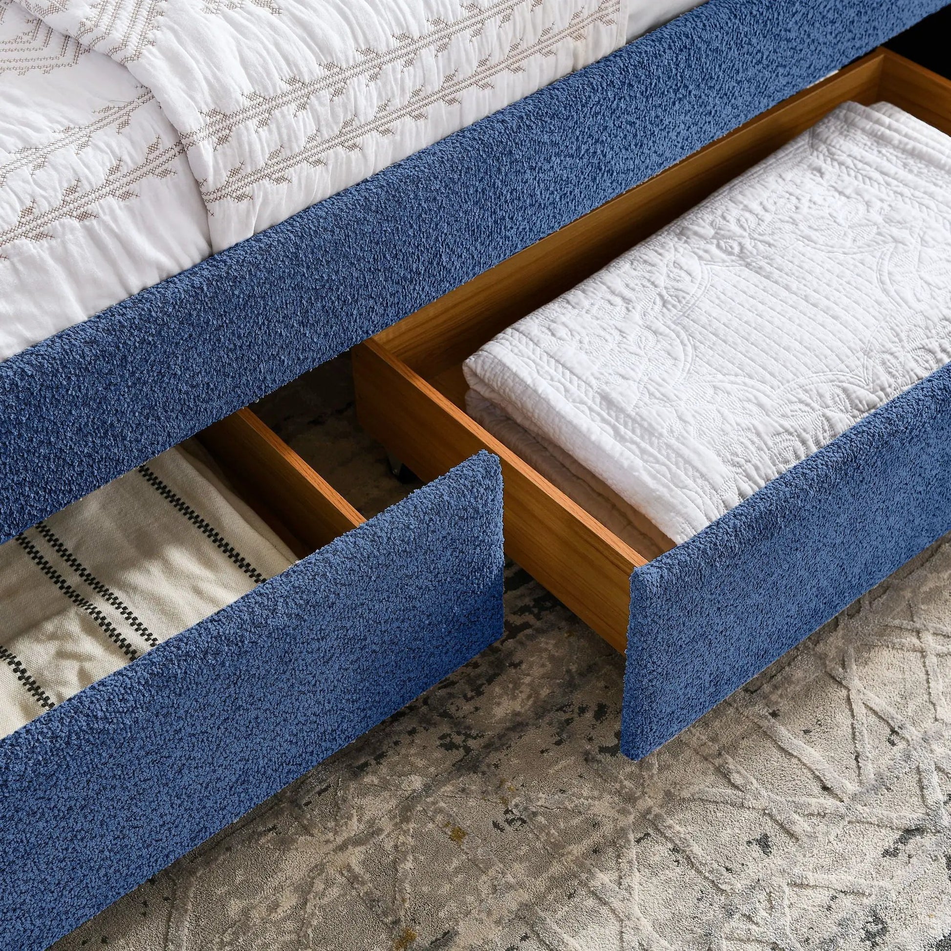 Upholstered daybed with 2 drawers, blue fabric, wood frame by Unique Piece Furniture on Tampa Home & Garden Store