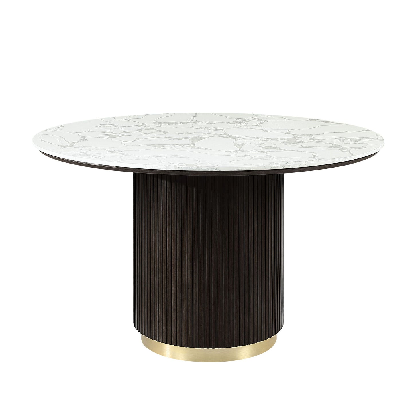 Clayten Around Dining Table marble top in white with gray veining on espresso pedestal with brass base on Tampa Home & Garden Store