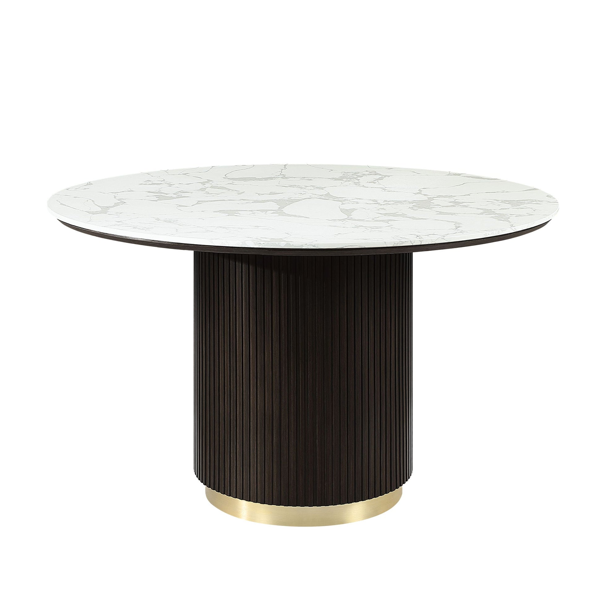 Clayten Around Dining Table marble top in white with gray veining on espresso pedestal with brass base on Tampa Home & Garden Store