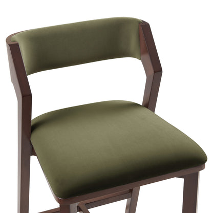 Patricia Counter Stool olive green upholstered back and seat with dark wood frame on Tampa Home & Garden Store