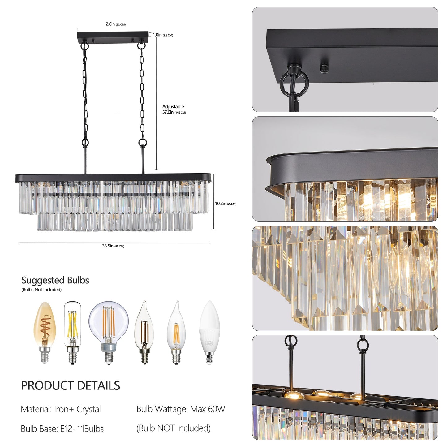 Rectangular crystal chandelier by HouseOfZazla in black metal frame with adjustable height on Tampa Home & Garden Store