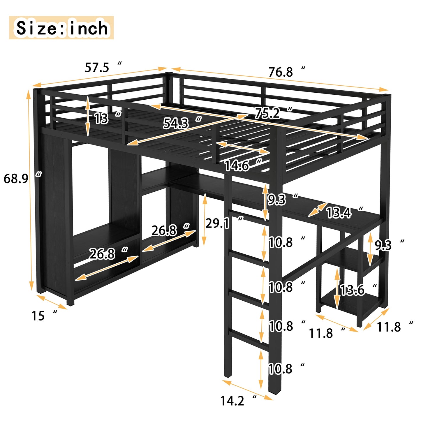 Full Size Metal Loft Bed with Desk and Wardrobe