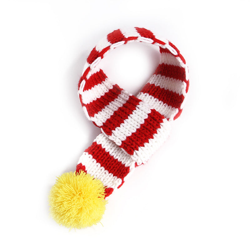 Knitted red and white striped pet scarf with yellow pom-pom, Pet Zen on Tampa Home & Garden Store