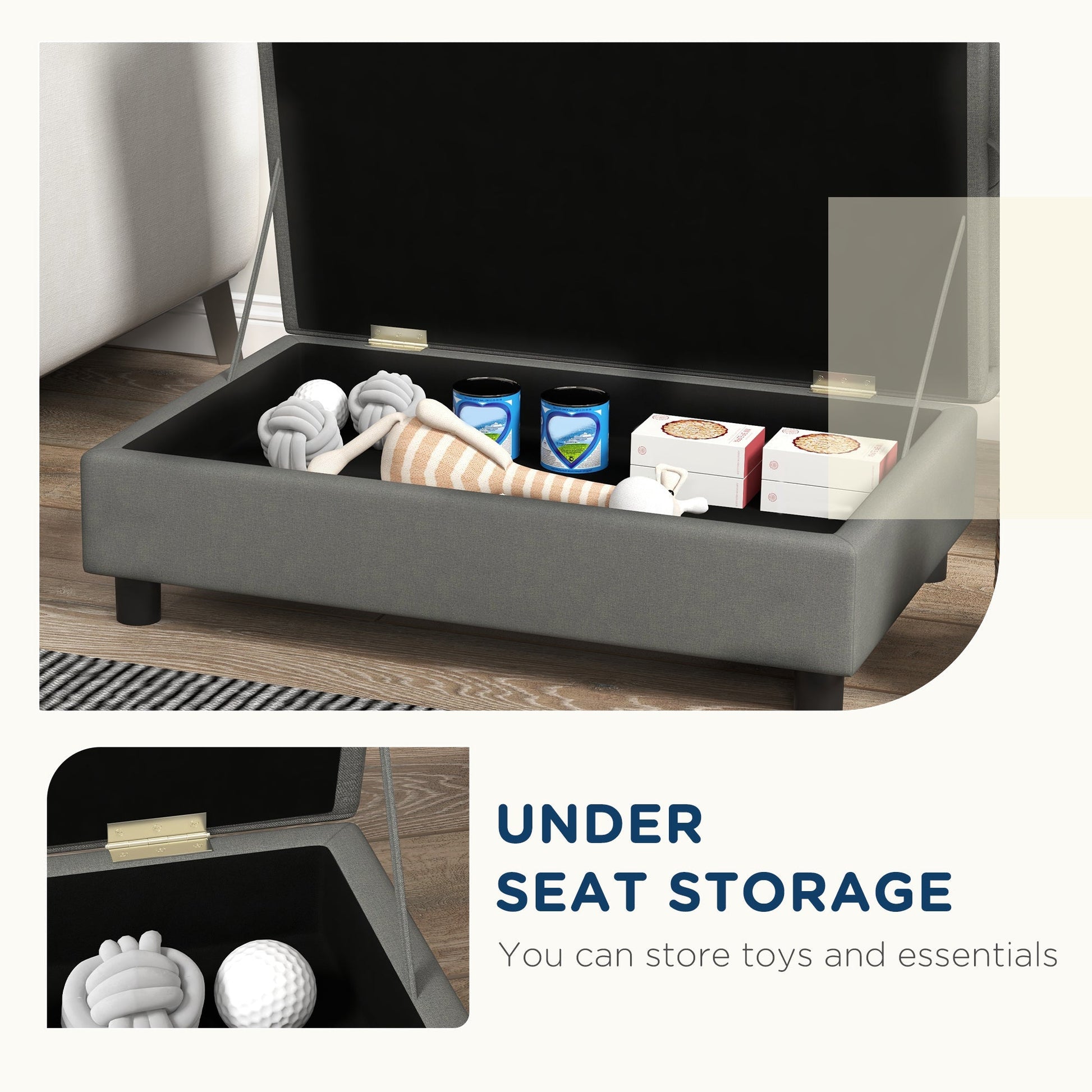 PawHut Pet Sofa Gray storage ottoman opened to reveal dog toys, ropes and treats on Tampa Home & Garden Store