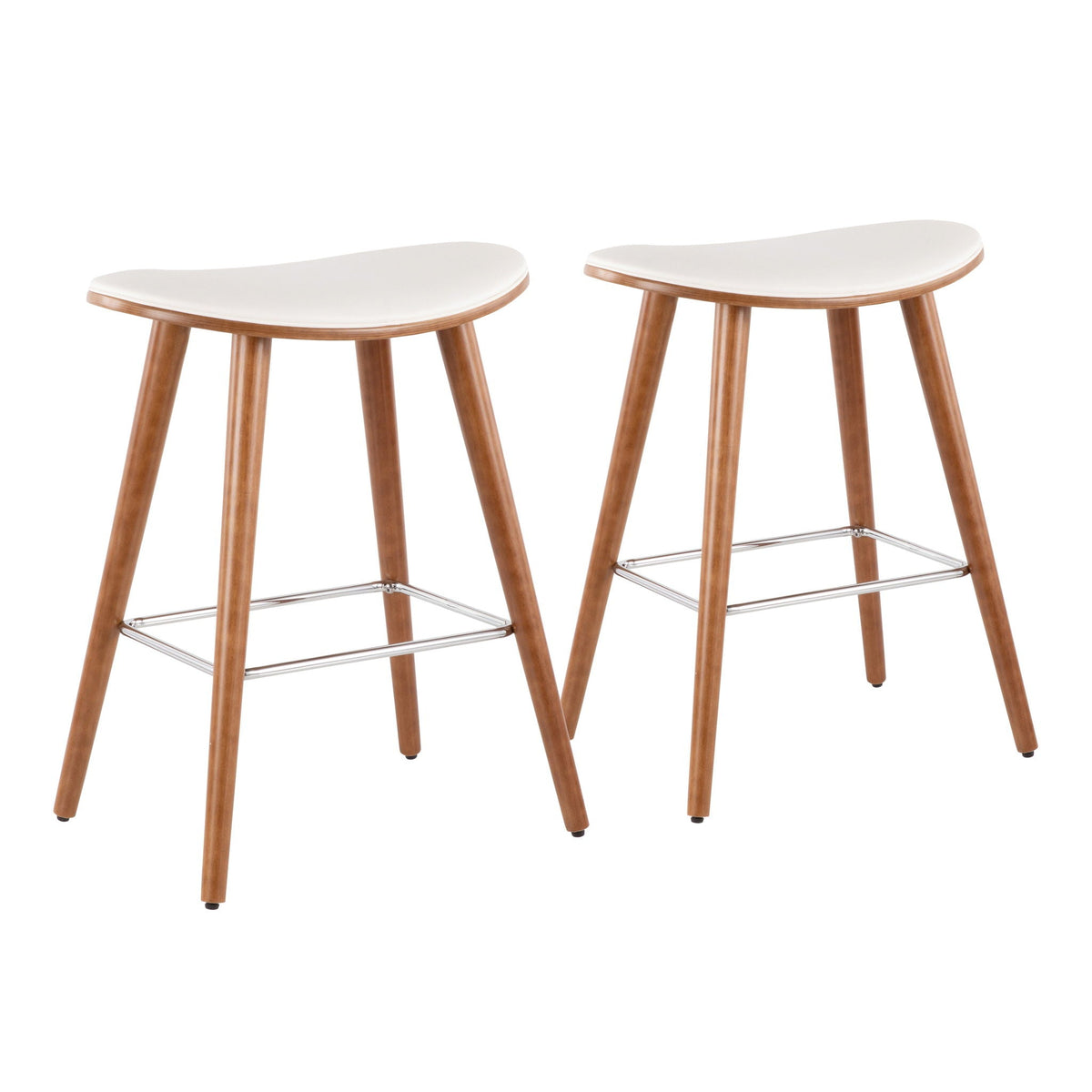 Beige upholstered counter stool set of 2 with wood legs and chrome footrest on Tampa Home & Garden Store