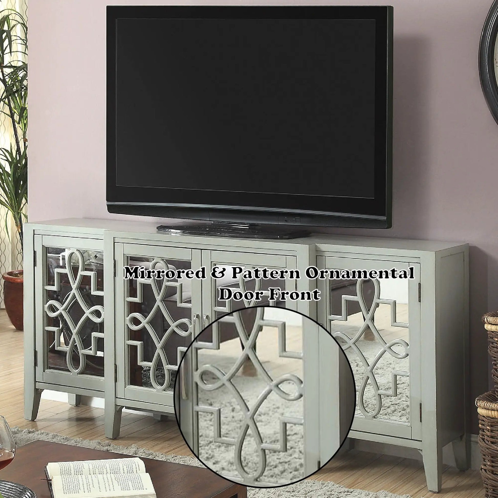Kacia Console Cabinet with mirrored doors in gray Unique Piece Furniture on Tampa Home & Garden Store