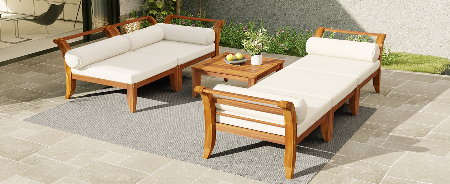 6-Piece Acacia Wood Outdoor Modular Sectional with Daybed and Tea Table, cream cushions on Tampa Home & Garden Store