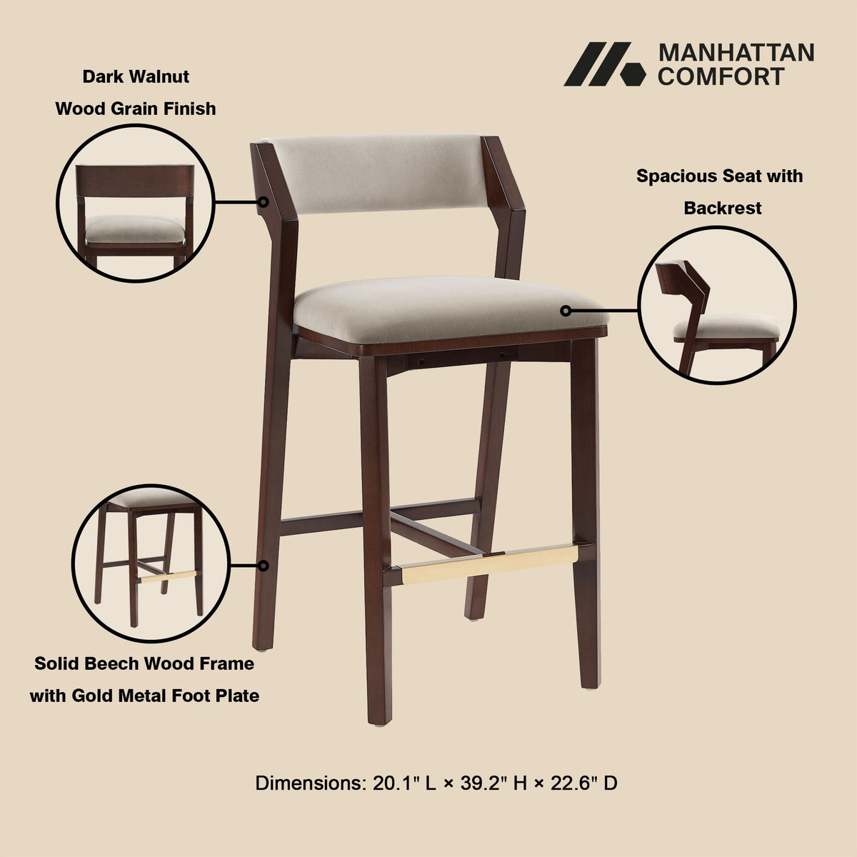 HouseOfZazla Bar Height Barstool with Backrest in dark Beech wood frame and pearl silver upholstery on Tampa Home & Garden Store