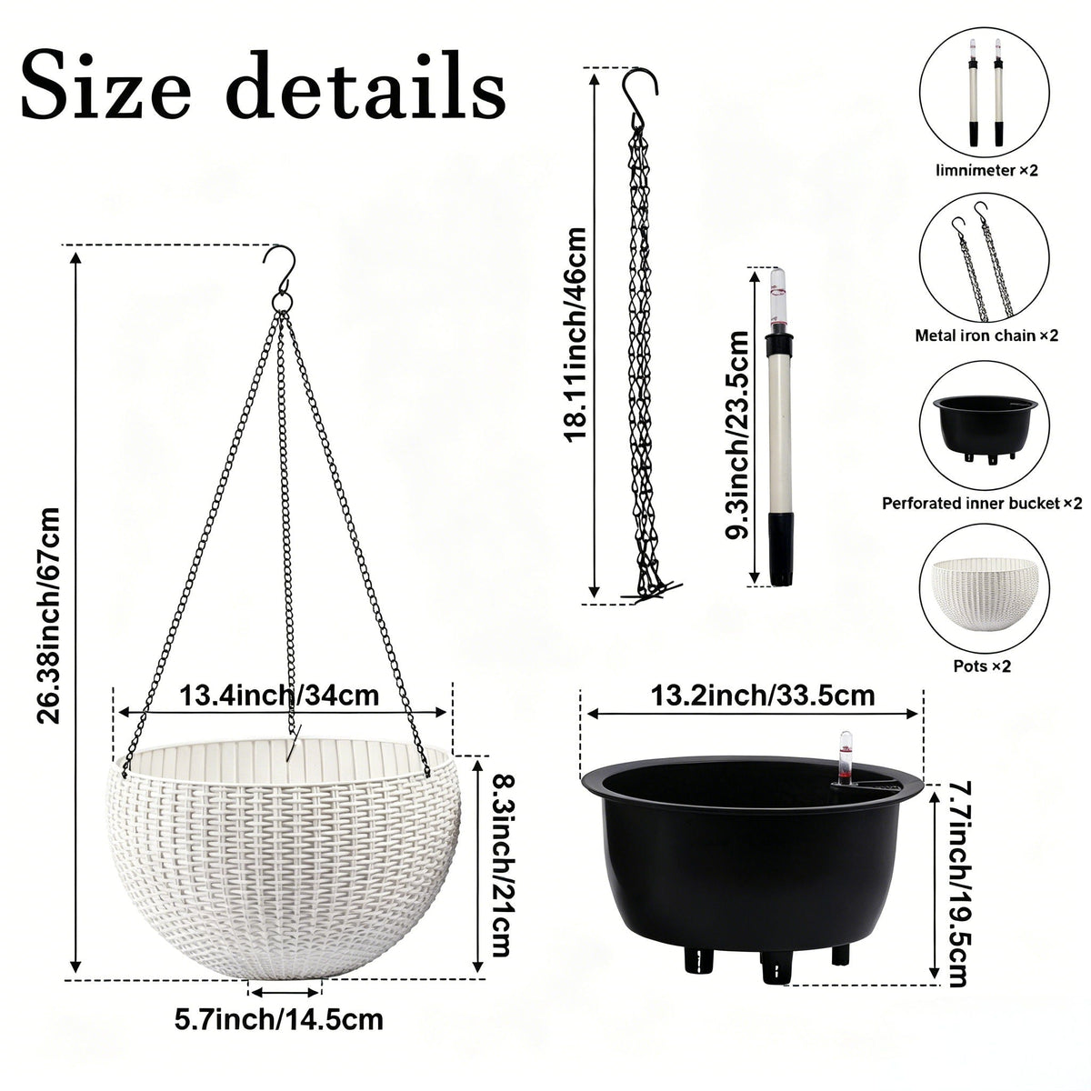 Selfwatering hanging planter white wicker basket with metal chains and inner black pot on Tampa Home & Garden Store