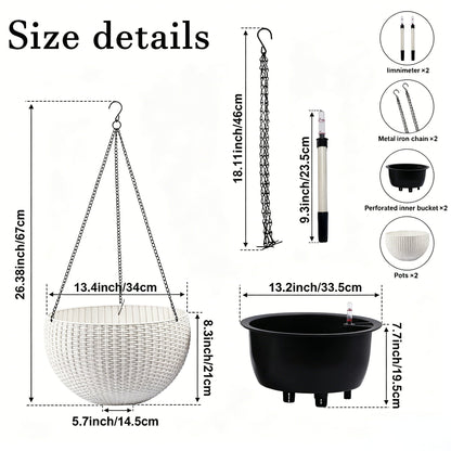 Selfwatering hanging planter white wicker basket with metal chains and inner black pot on Tampa Home & Garden Store