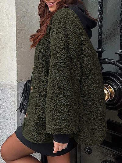 Stevvex Modern Cozy Sherpa Jacket, olive green, hooded plush coat with pockets on Tampa Home & Garden Store