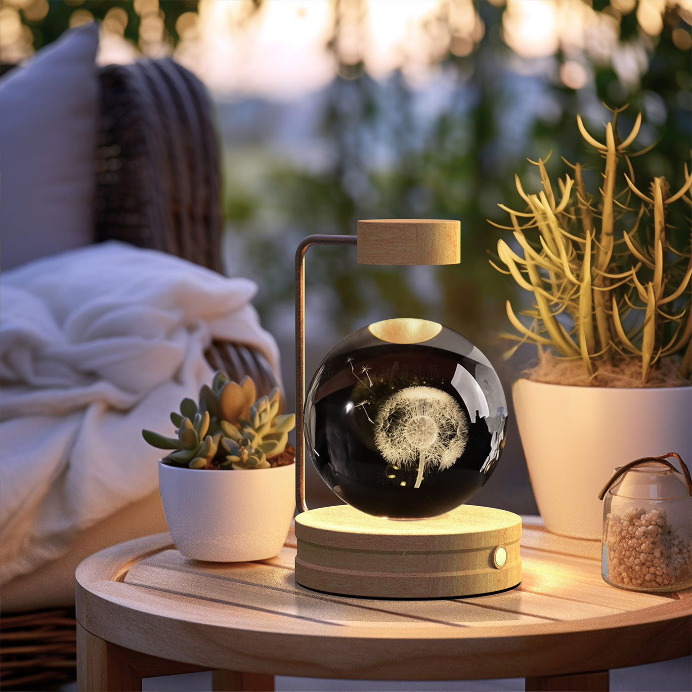 Crystal ball night light with wooden base and copper frame, USB-powered warm bedside lamp on Tampa Home & Garden Store