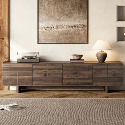 TV stand in dark brown wood with multiple drawers and cable management for up to 85 inch TVs on Tampa Home & Garden Store