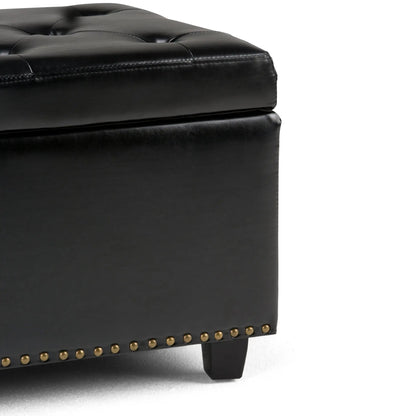 Hamilton Upholstered Storage Ottoman in black leather with tufted top and brass nailhead trim on Tampa Home & Garden Store