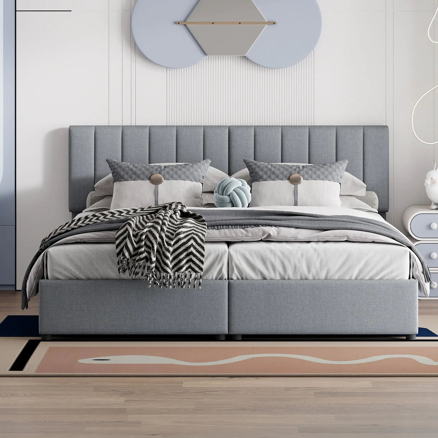 Upholstered platform bed with hydraulic storage in gray fabric; contemporary gray headboard on Tampa Home & Garden Store