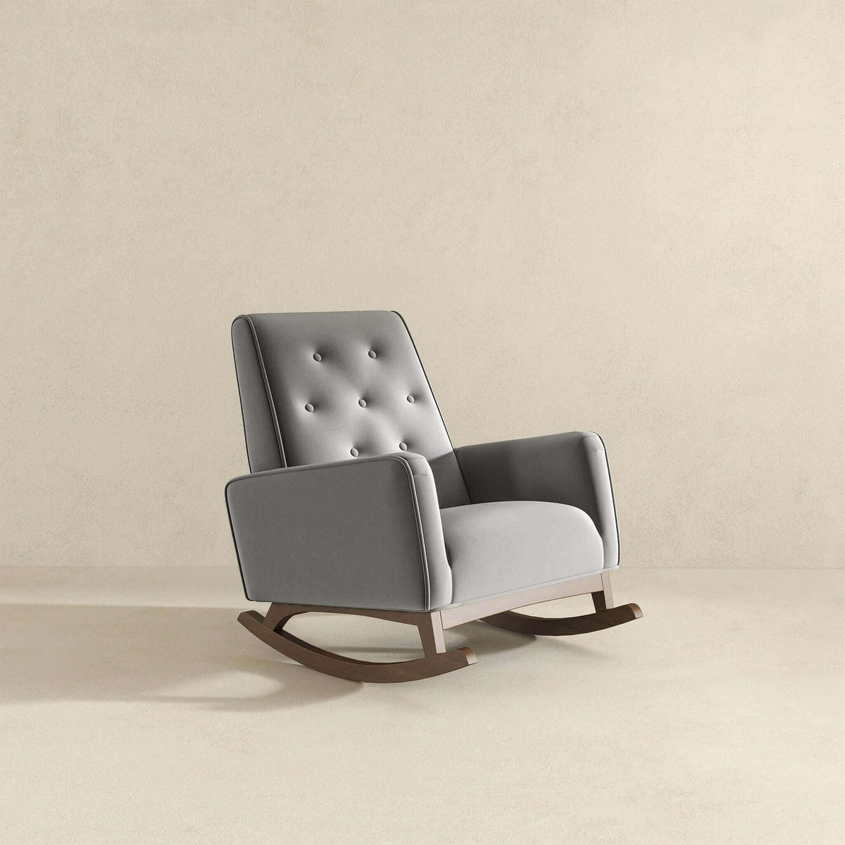 Demetrius solid wood rocking chair with gray tufted leather and curved wood rockers on Tampa Home & Garden Store