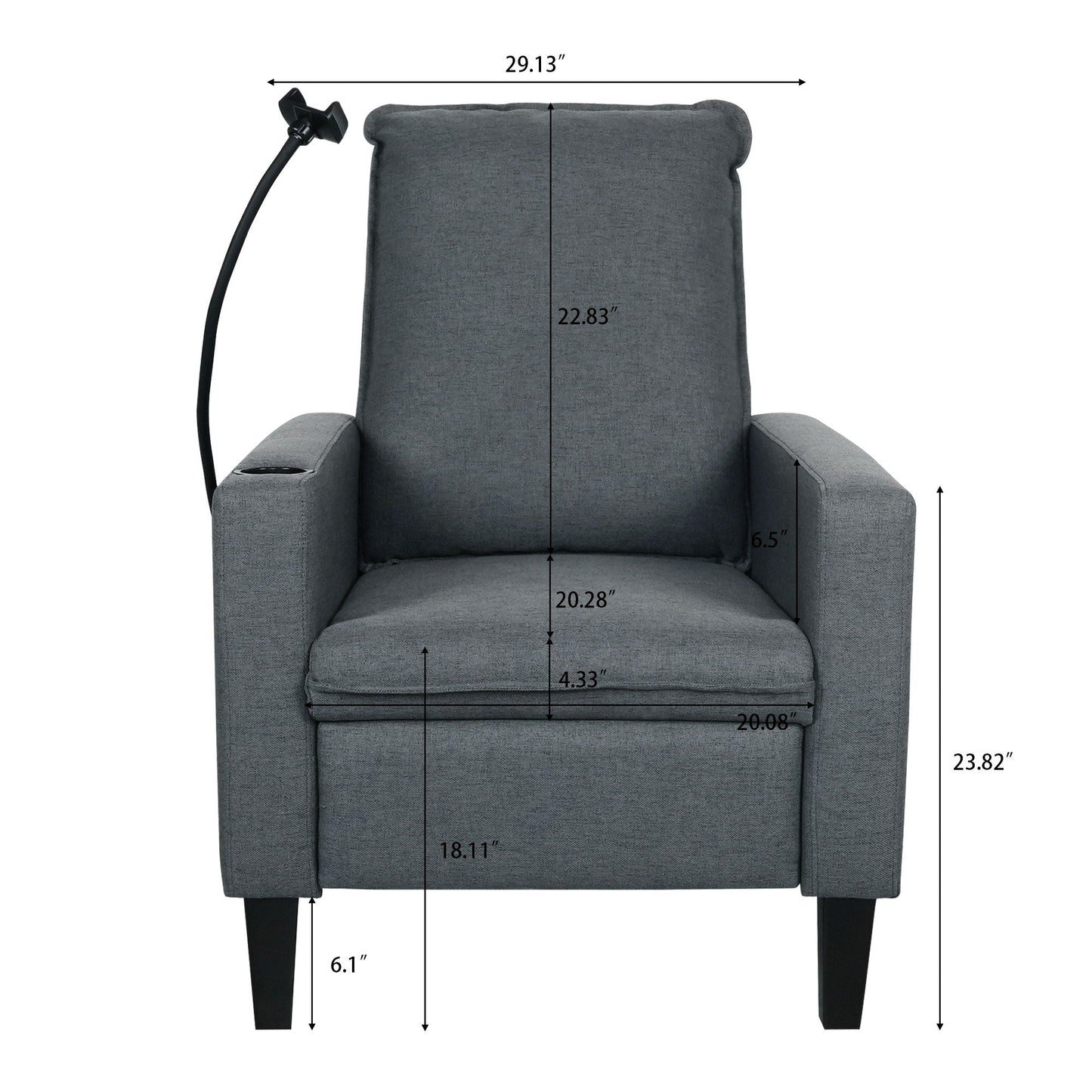 Recliner chair HouseOfZazla gray fabric with adjustable reclining, phone and cup holders on Tampa Home & Garden Store