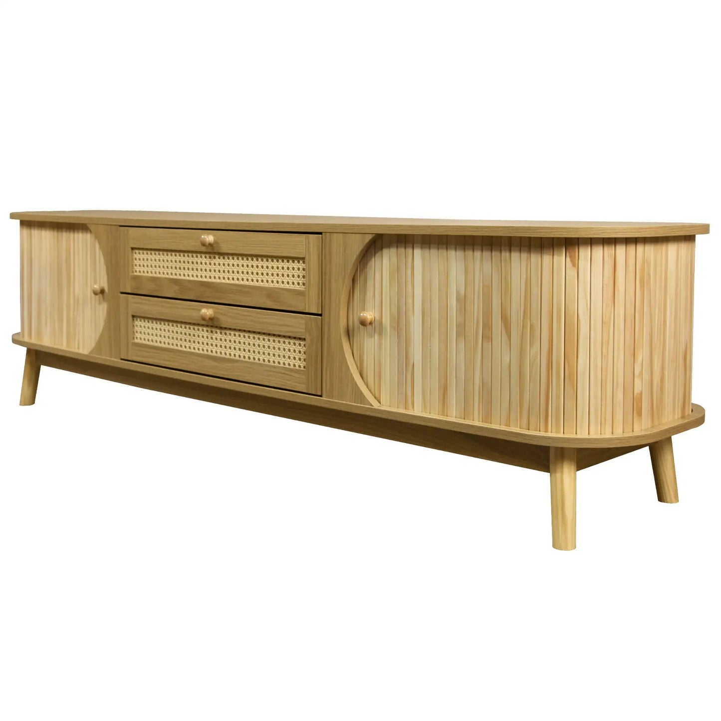 Rattan TV stand natural wood finish with cane-front drawers, curved side panels and tapered legs on Tampa Home & Garden Store