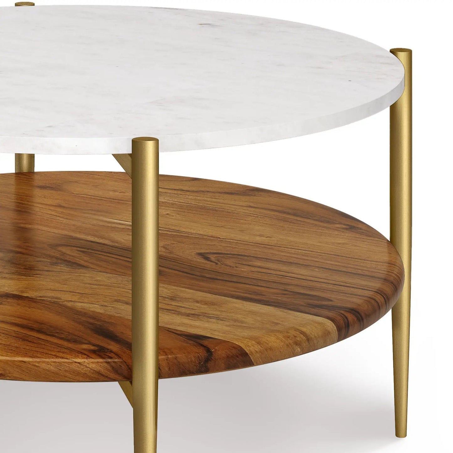 Wagner round marble & wood coffee table with white marble top, brass legs and wood shelf on Tampa Home & Garden Store