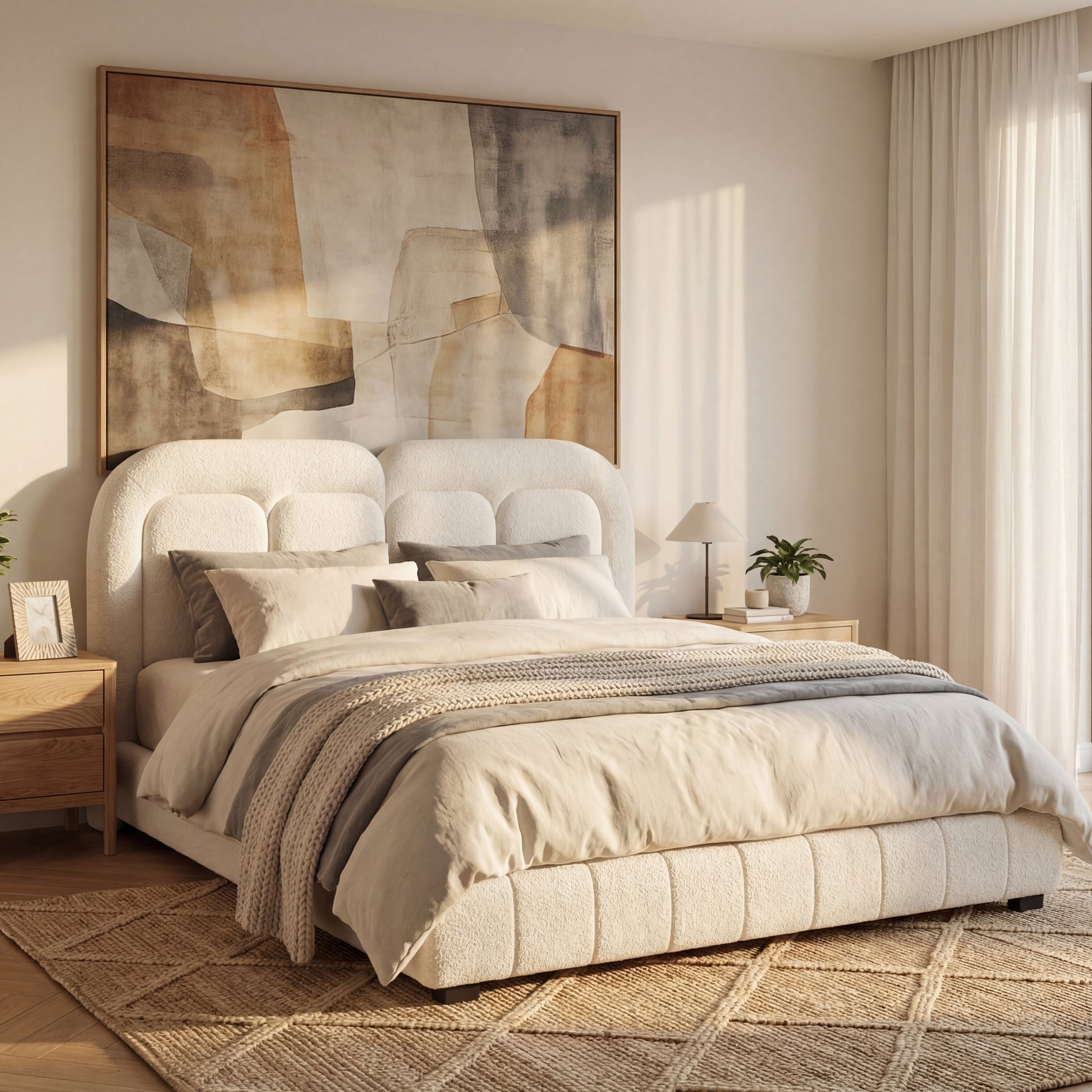 Queen Size Boucle Upholstered Platform Bed with Tufted Headboard in cream on Tampa Home & Garden Store