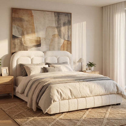 Queen Size Boucle Upholstered Platform Bed with Tufted Headboard in cream on Tampa Home & Garden Store
