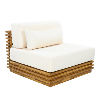 Oversized outdoor chat set with white cushions on a wooden slat base on Tampa Home & Garden Store