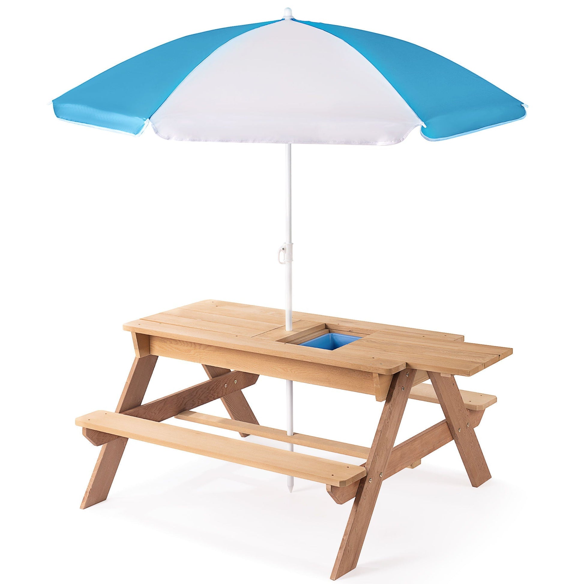 3-in-1 kids outdoor wooden picnic table with blue and white umbrella by HouseOfZazla on Tampa Home & Garden Store